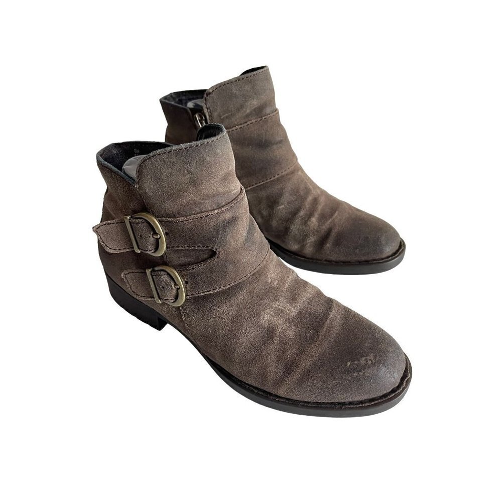 BORN Size 6M Brown Suede Leather Side Zip Double Buckle Round Toe Ankle Booties - Picture 5 of 9